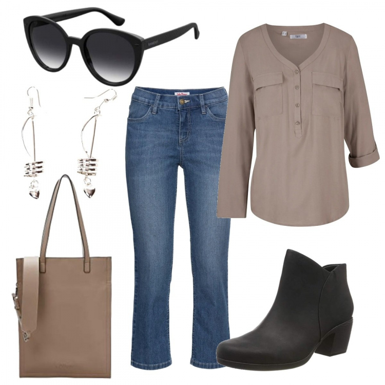 Outfit donna - Per tutti i giorni. Stile Trendy per Tutti i giorni. Abbinamento con bluse, jeans dritti, orecchini, stivaletti, occhiali da sole, borse a tracolla.