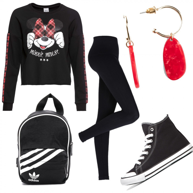 Outfit donna - Giovane ragazza sportiva!. Stile Trendy per Tutti i giorni. Abbinamento con leggings, sneakers alte, pullovers, orecchini, zaini.