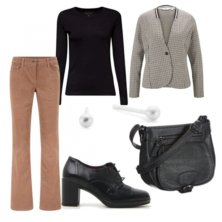 Outfit donna - Bon Ton #7364. Stile Bon Ton per Tutti i giorni. Abbinamento con pantaloni, blazer, t-shirt, scarpe stringate, borse a tracolla, orecchini.