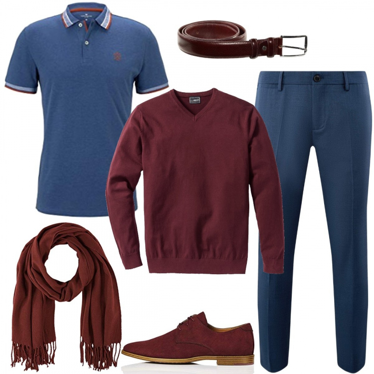 Outfit uomo - Avion e bordeaux. Stile Casual per Ufficio. Abbinamento con maglieria, cinture, scarpe stringate, t-shirt, pantaloni, sciarpe.