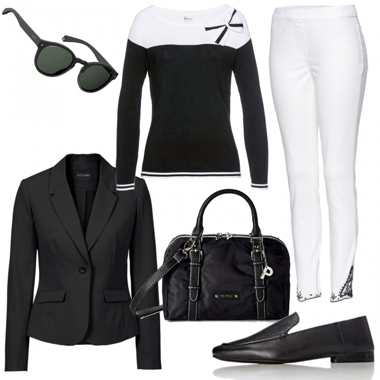 Outfit donna - In ufficio in bianco e nero. Stile Chic per Ufficio. Abbinamento con blazer, maglieria, jeans, mocassini, borse a mano, occhiali da sole.