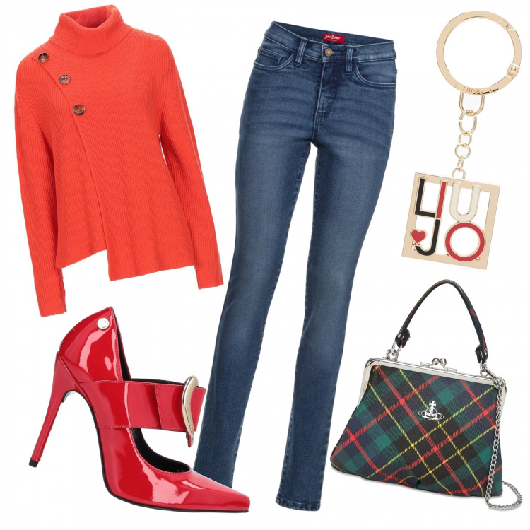 Outfit donna - Fashion in décolleté rosse!. Stile Trendy per Serata fuori. Abbinamento con jeans slim fit, pullovers, décolleté, portachiavi, borse a spalla.