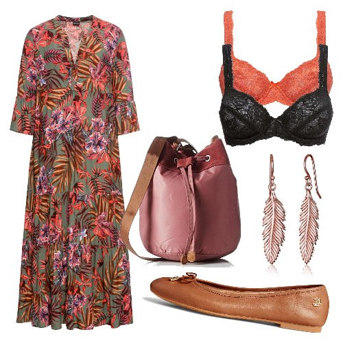 Outfit donna - Curvy in ballerine e stampa floreale. Stile Trendy per Tutti i giorni. Abbinamento con vestiti lunghi, reggiseni, ballerine, borse a tracolla, orecchini.