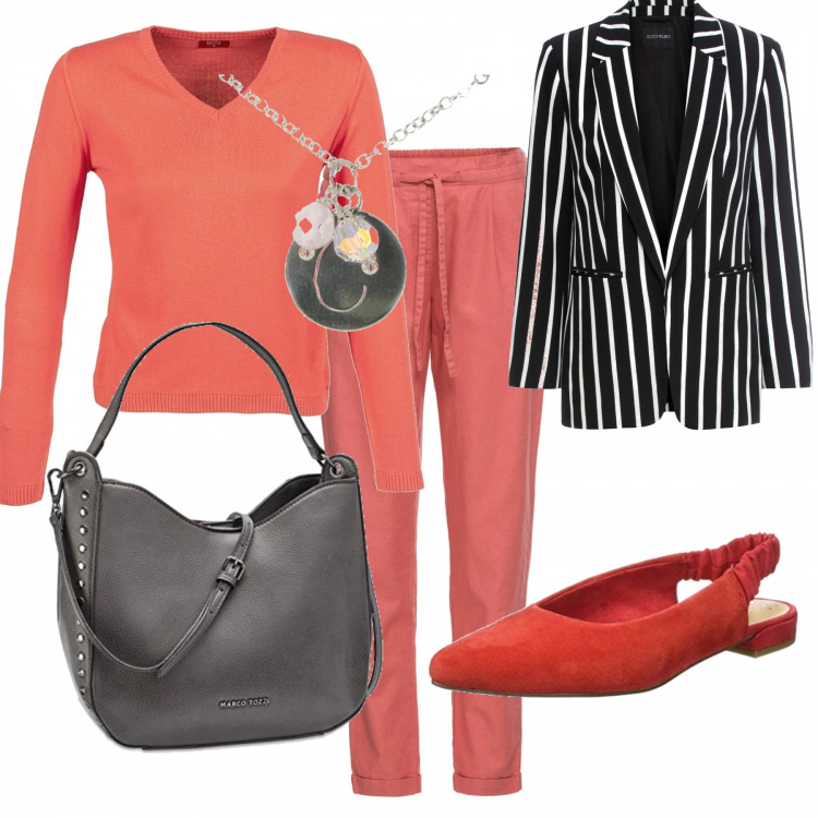 Outfit donna - Blazer a righe. Stile Trendy per Tutti i giorni. Abbinamento con blazer, pantaloni, maglieria, sandali in pelle, borse a tracolla, collane.