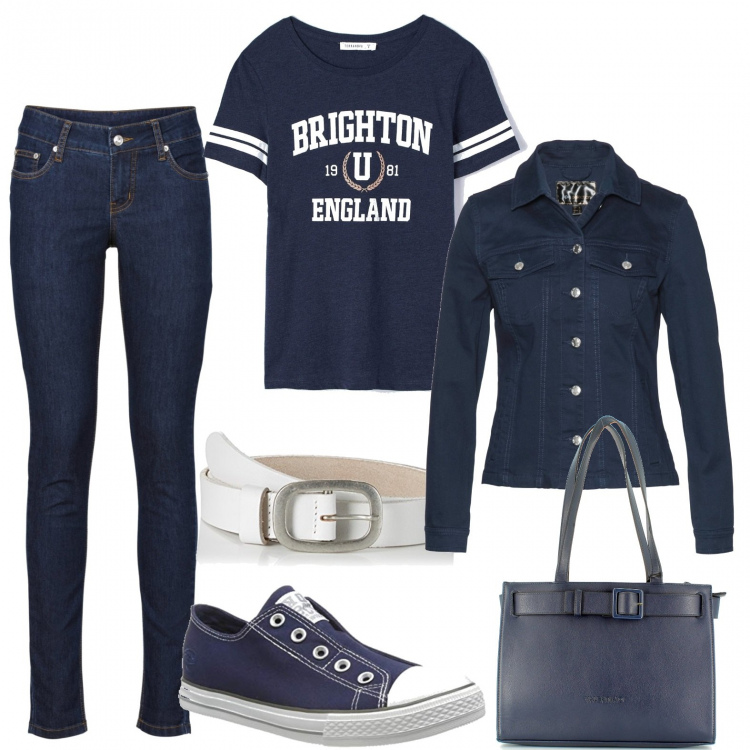 Outfit donna - Casual in blu. Stile Urban per Scuola/Università. Abbinamento con jeans skinny, blazer, t-shirt, shopping bag, sneakers, cinture.