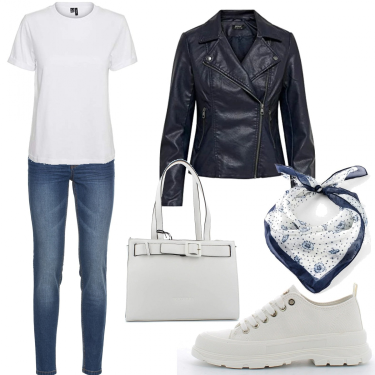 Outfit donna - Una semplice maglietta bianca. Stile Urban per Scuola/Università. Abbinamento con jeans skinny, foulard, sneakers, shopping bag, blazer, t-shirt.