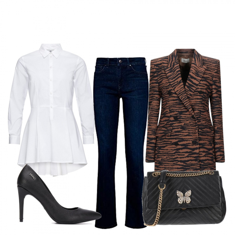 Outfit donna - Bon Ton #7391. Stile Bon Ton per Serata fuori. Abbinamento con camicie, blazer, borse a tracolla, décolleté, jeans.