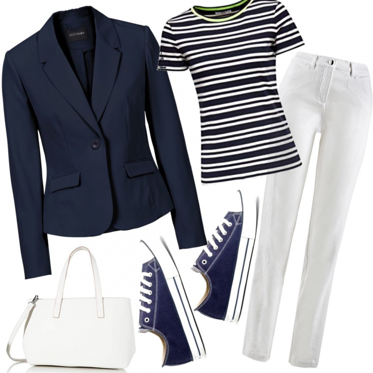 Outfit donna - Basic #13698. Stile Basic per Tutti i giorni. Abbinamento con blazer, pantaloni, sneakers, t-shirt, borse tote.