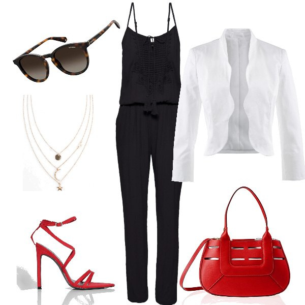 Outfit femme - Chic #12618. Style Chic pour Soirée dehors. Assortir avec combinaisons, blazers, colliers, chaussures à talon, sacs besace, lunettes de soleil.