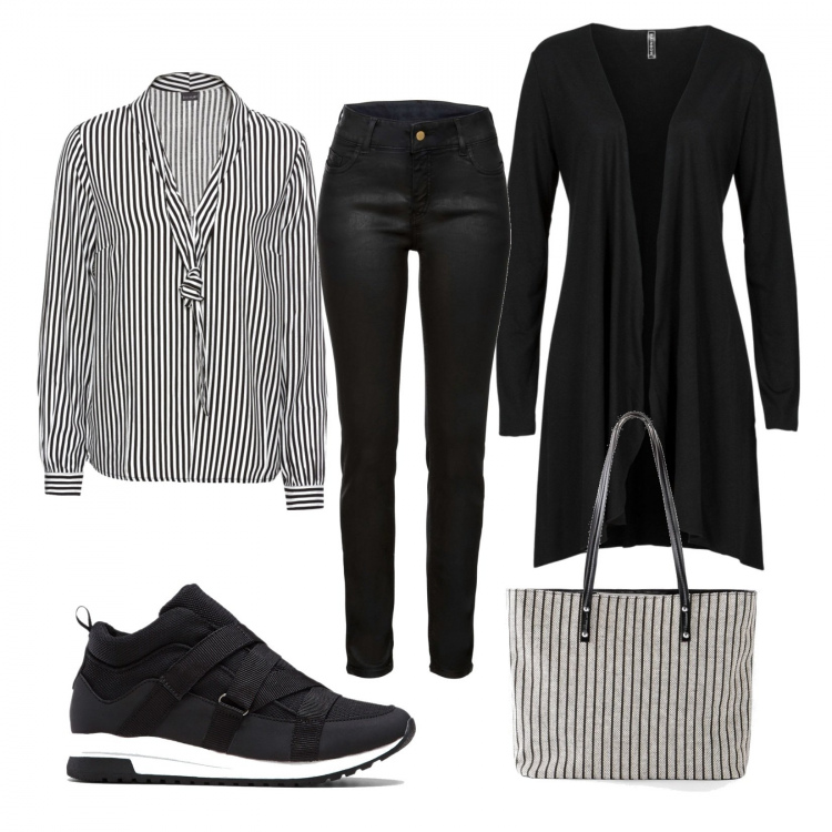 Outfit donna - In ufficio bianco e nero Bonprix. Stile Basic per Ufficio. Abbinamento con cardigans, sneakers alte, pantaloni, bluse, shopping bag.