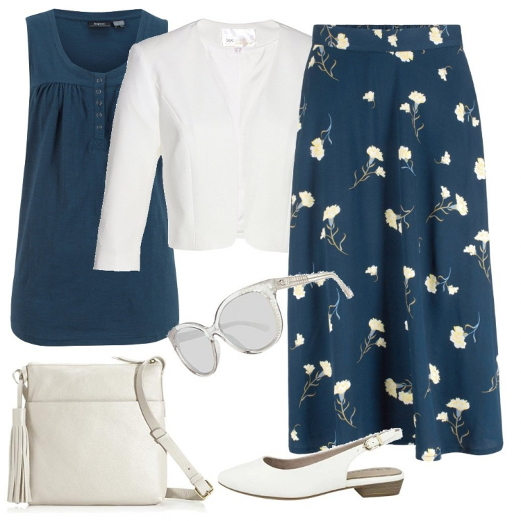 Outfit donna - A passeggio in vacanza. Stile Bon Ton per Tutti i giorni. Abbinamento con maglieria, jeans mom, top, occhiali da sole, borse a tracolla, scarpe col tacco.