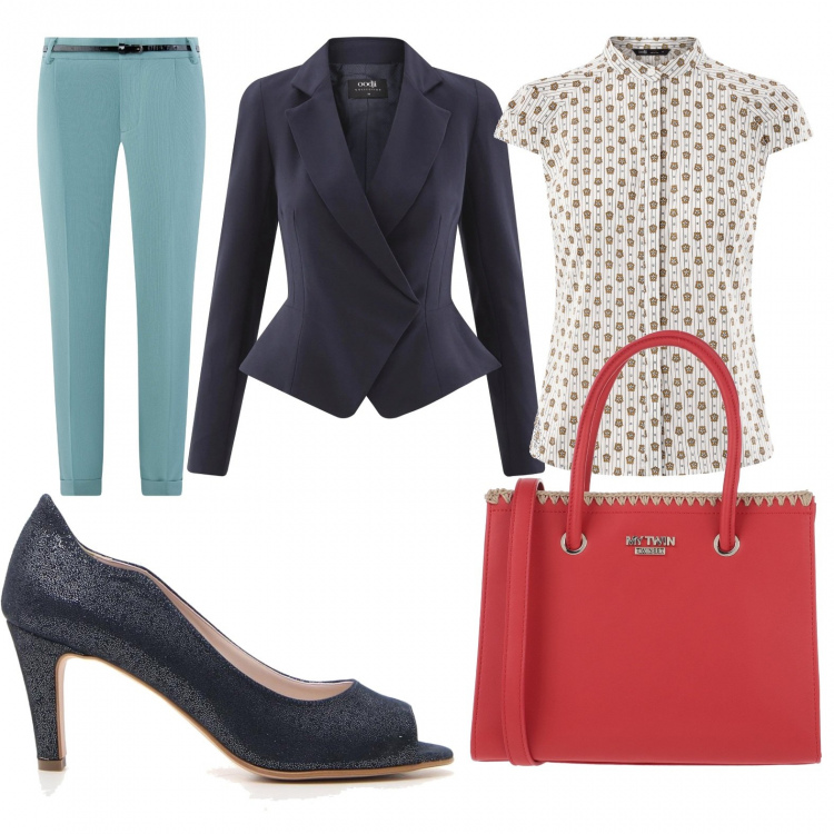 Outfit donna - Un tocco di rosso. Stile Bon Ton per Ufficio. Abbinamento con borse a mano, décolleté, blazer, camicie, pantaloni.