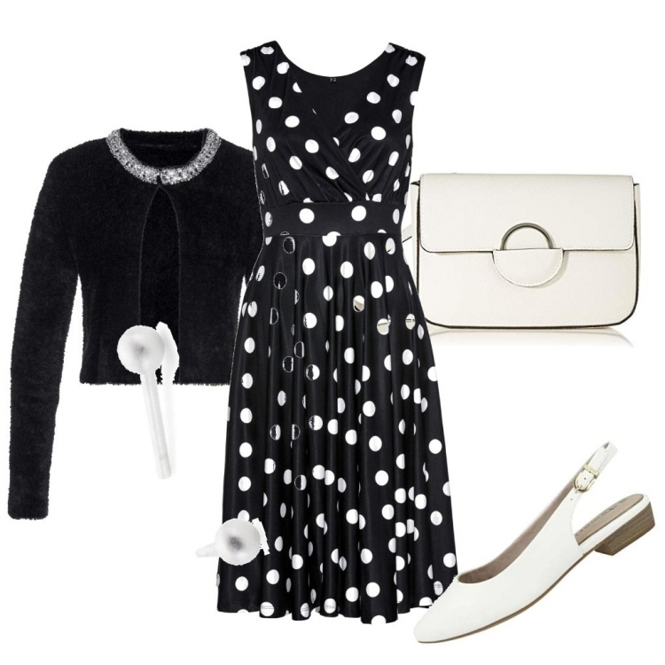 Outfit donna - Anni. \'50. Stile Bon Ton per Serata fuori. Abbinamento con vestiti, bolero, scarpe col tacco, borse a tracolla, orecchini.