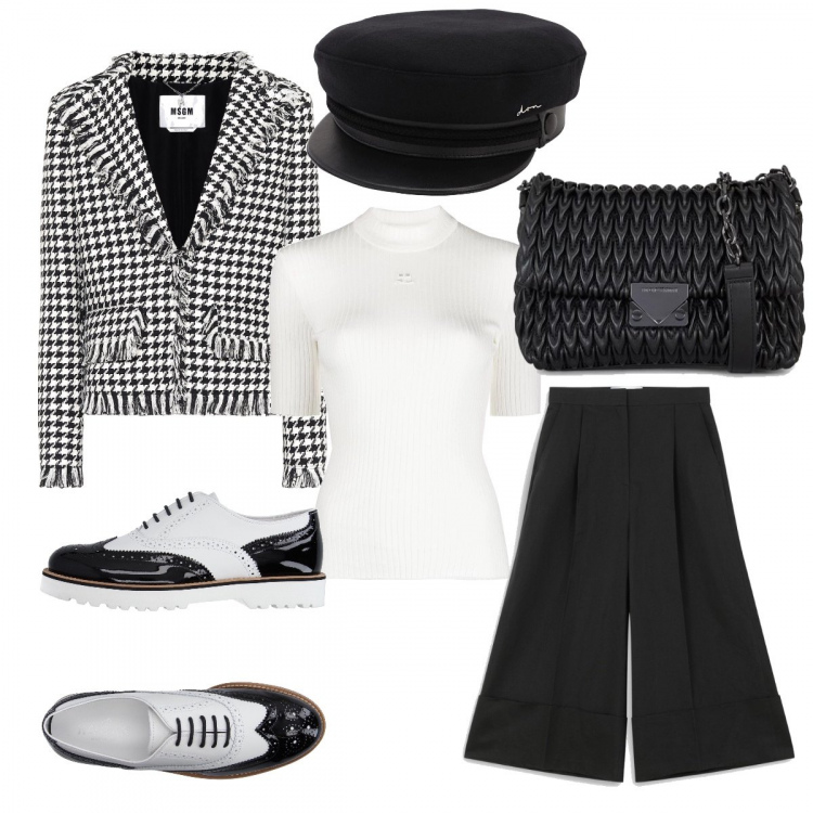 Outfit donna - Black & white. Stile Chic per Ufficio. Abbinamento con scarpe stringate, maglioni, blazer, pantaloni capri, cappelli, borse a spalla.