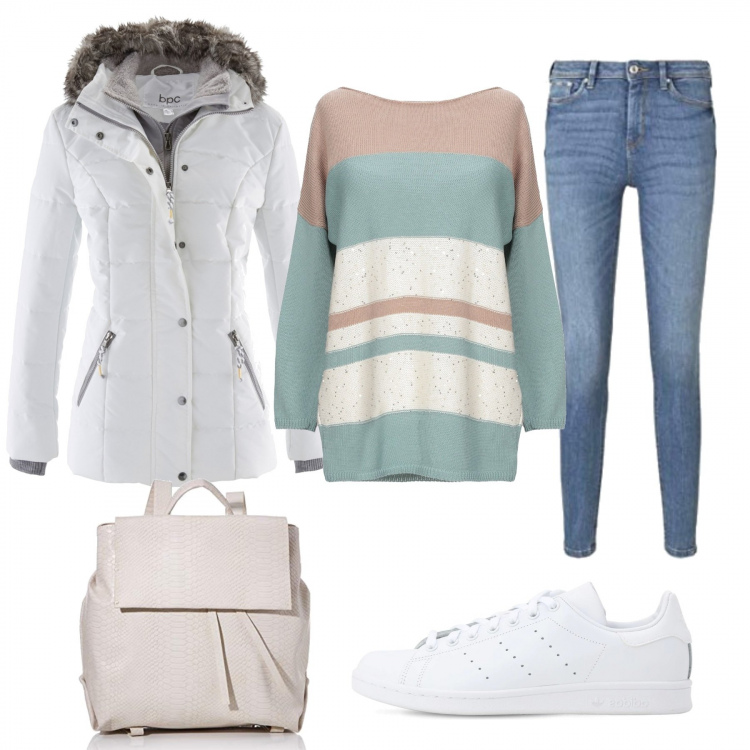 Outfit donna - Basic #13791. Stile Basic per Tutti i giorni. Abbinamento con piumini, pullovers, sneakers, borse a tracolla, pantaloni.
