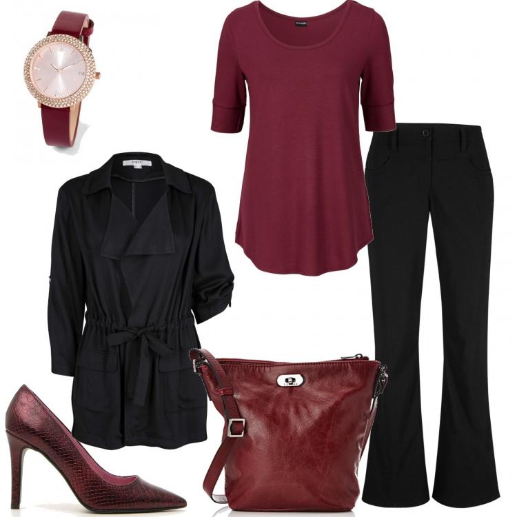 Outfit donna - La borsa capiente. Stile Chic per Ufficio. Abbinamento con maglieria, pantaloni, cappotti, orologi, borse a tracolla, décolleté.