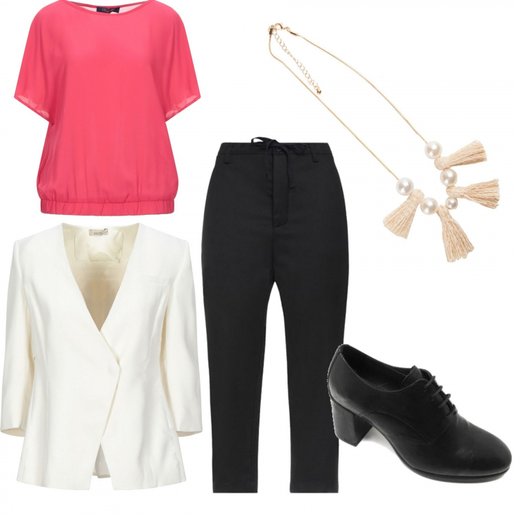 Outfit donna - Blocchi di colore. Stile Basic per Ufficio. Abbinamento con bluse, blazer, pantaloni capri, francesine, collane.