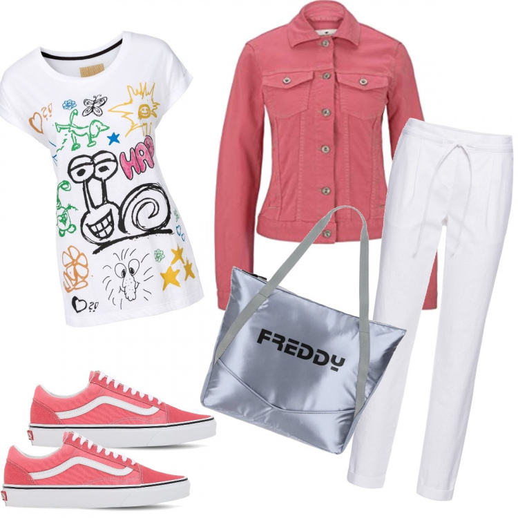Outfit donna - Urban #8010. Stile Urban per Tutti i giorni. Abbinamento con pantaloni, t-shirt, shopping bag, sneakers, giacche.
