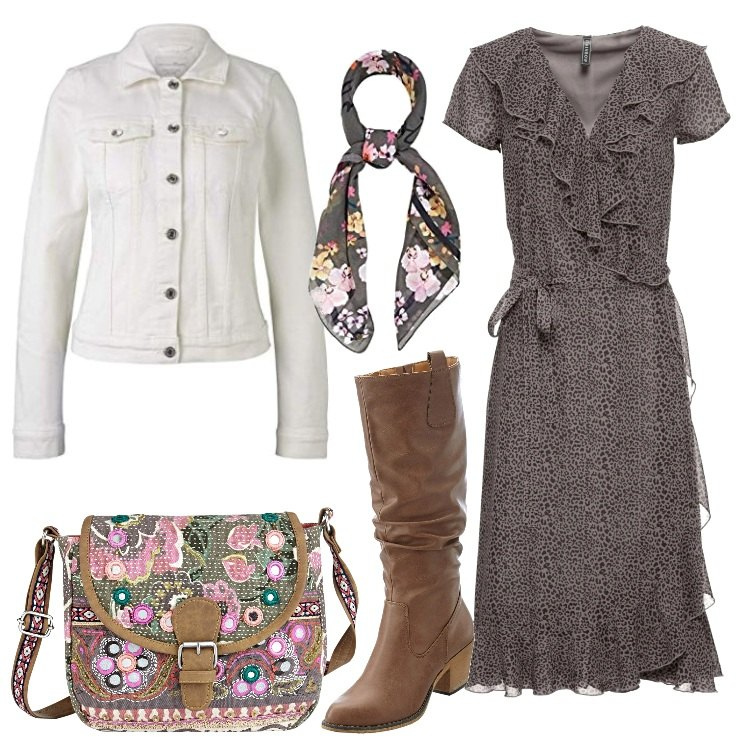 Outfit donna - Abito con volant e stivali. Stile Etnico per Tutti i giorni. Abbinamento con stivali, vestiti midi/longuette, bermuda, blazer, sciarpe.