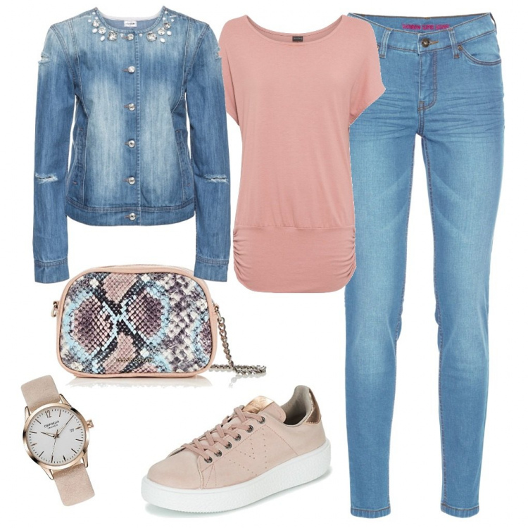Outfit donna - La borsa ispiratrice. Stile Basic per Tutti i giorni. Abbinamento con maglieria, jeans skinny, giacche, sneakers, borse a tracolla, orologi.