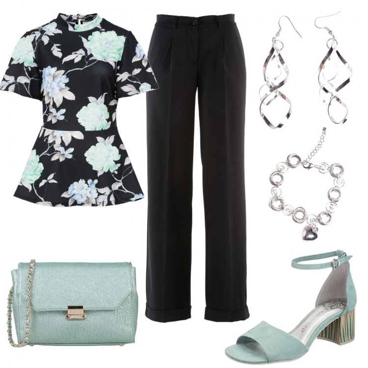 Outfit donna - Incontro alla bella stagione. Stile Basic per Tutti i giorni. Abbinamento con pantaloni, pullovers, borse a tracolla, braccialetti, orecchini, sandali.