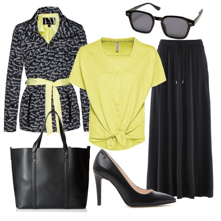 Outfit donna - Chic in yellow. Stile Chic per Tutti i giorni. Abbinamento con gonne, blazer, pullovers, shopping bag, décolleté, occhiali da sole.