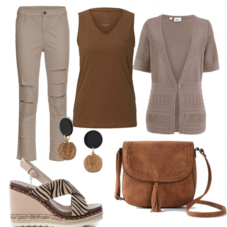 Outfit donna - Trendy #24315. Stile Trendy per Tutti i giorni. Abbinamento con cardigans, orecchini, borse a tracolla, pantaloni capri, zeppe, t-shirt.