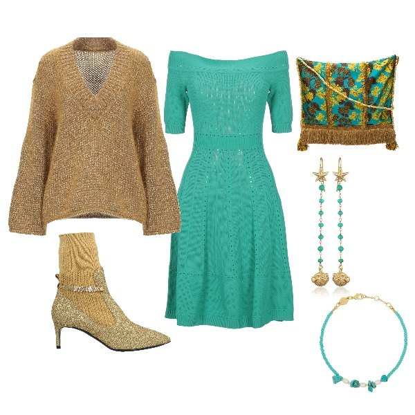Outfit donna - Oro su turchese. Stile Trendy per Tutti i giorni. Abbinamento con stivaletti, vestiti corti, pullovers, braccialetti, borse tote, orecchini.