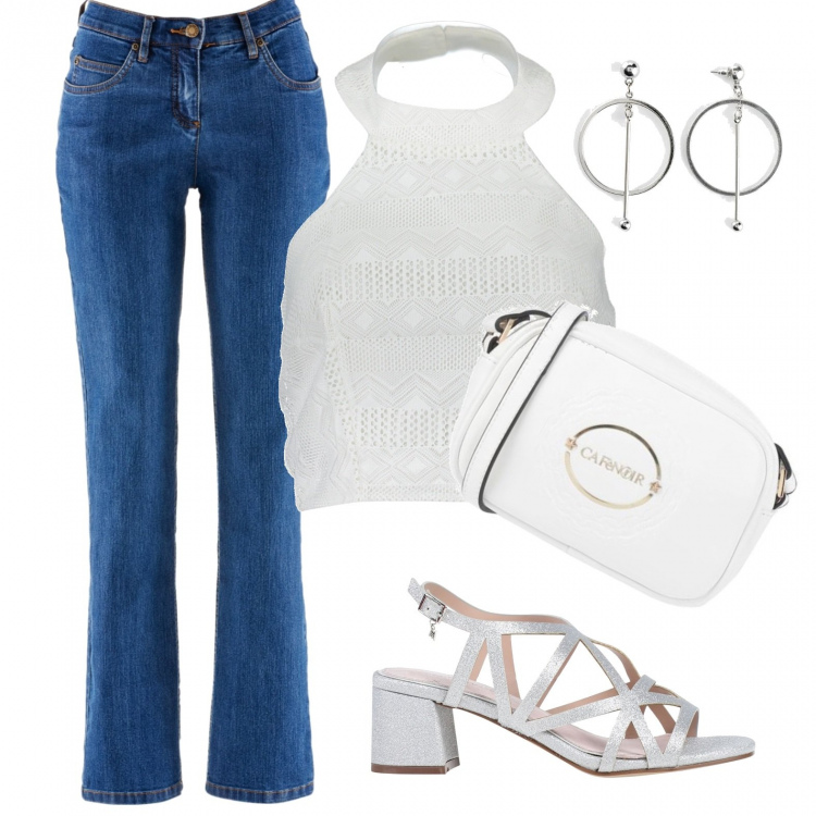 Outfit donna - Sexy #2398. Stile Sexy per Tutti i giorni. Abbinamento con jeans dritti, orecchini, sandali in pelle, borse a tracolla, top.