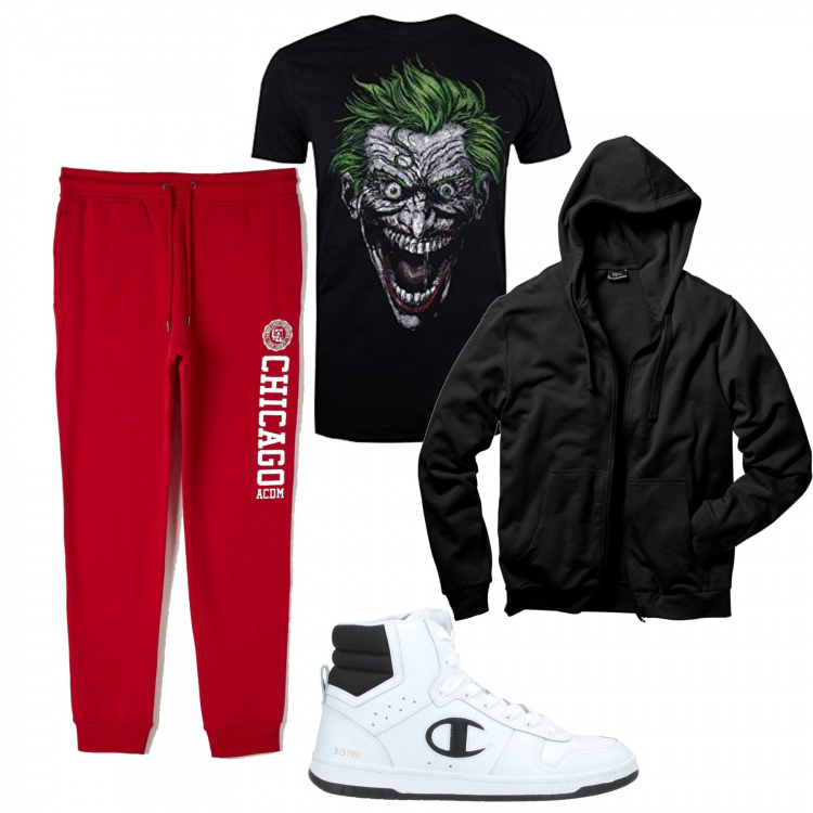 Outfit uomo - Pantaloni sportivi rossi. Stile Trendy per Sport. Abbinamento con felpe con cappuccio, sneakers alte, pantaloni, t-shirt.