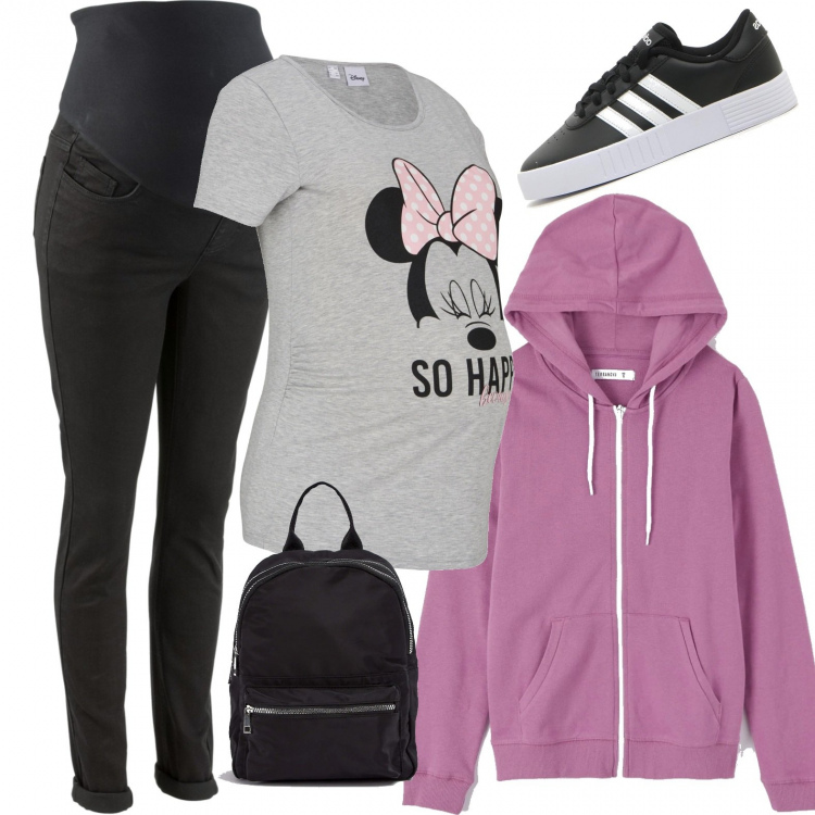 Outfit donna - Premaman. Stile Basic per Tutti i giorni. look ideale per Premaman. Abbinamento con jeggings, pullovers, felpe con cappuccio, zaini, sneakers.