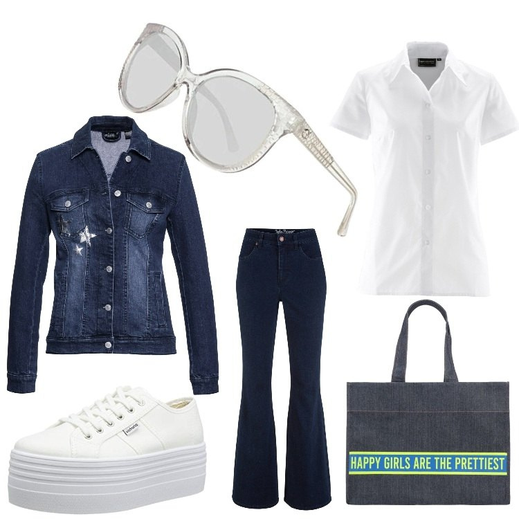 Outfit donna - Ragazze felici. Stile Trendy per Tutti i giorni. Abbinamento con camicie a manica corta, jeans a zampa, giacche, borse a spalla, scarpe col tacco, occhiali da sole.