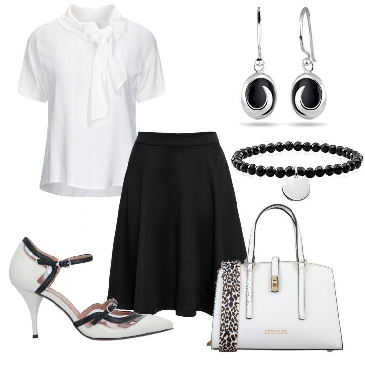 Outfit donna - Ufficio black and withe. Stile Bon Ton per Ufficio. Abbinamento con gonne, borse a mano, décolleté, bluse, braccialetti, orecchini.