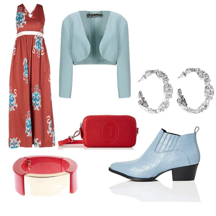 Outfit donna - Urban #8102. Stile Urban per Ufficio. Abbinamento con orecchini, blazer, vestiti lunghi, braccialetti, stivaletti texani, borse a tracolla.