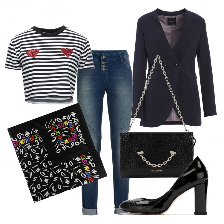 Outfit donna - Finto elegante ma trendy. Stile Trendy per Tutti i giorni. Abbinamento con jeans boyfriend, t-shirt, borse a mano, blazer, décolleté, foulard.