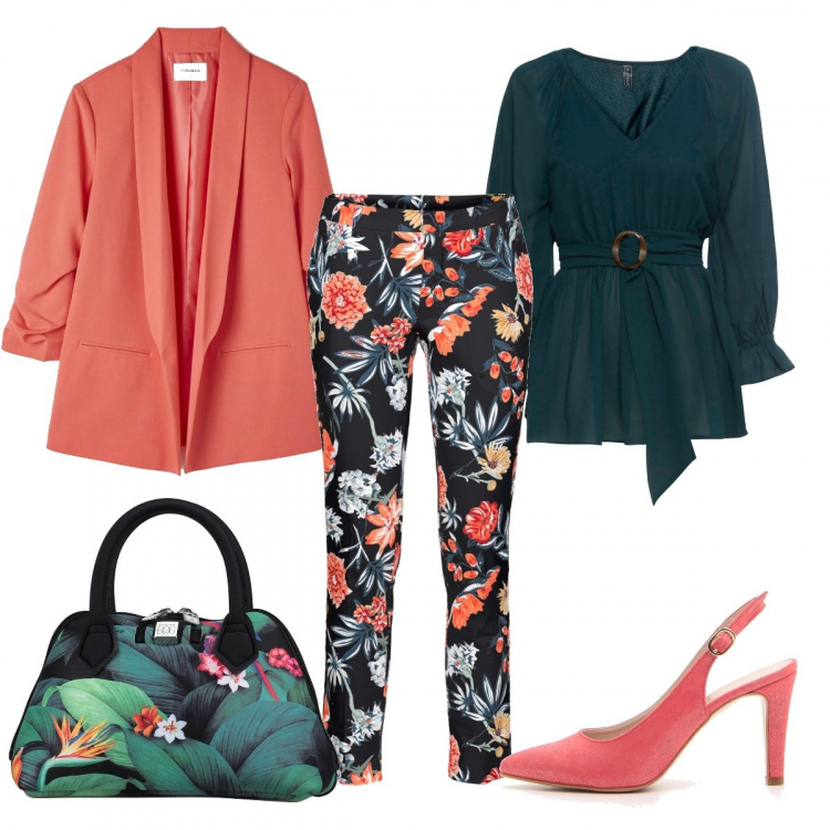 Outfit donna - Blusa+ giacca. Stile Trendy per Ufficio. look ideale per Petite. Abbinamento con pantaloni, bluse, borse a mano, giacche, décolleté.