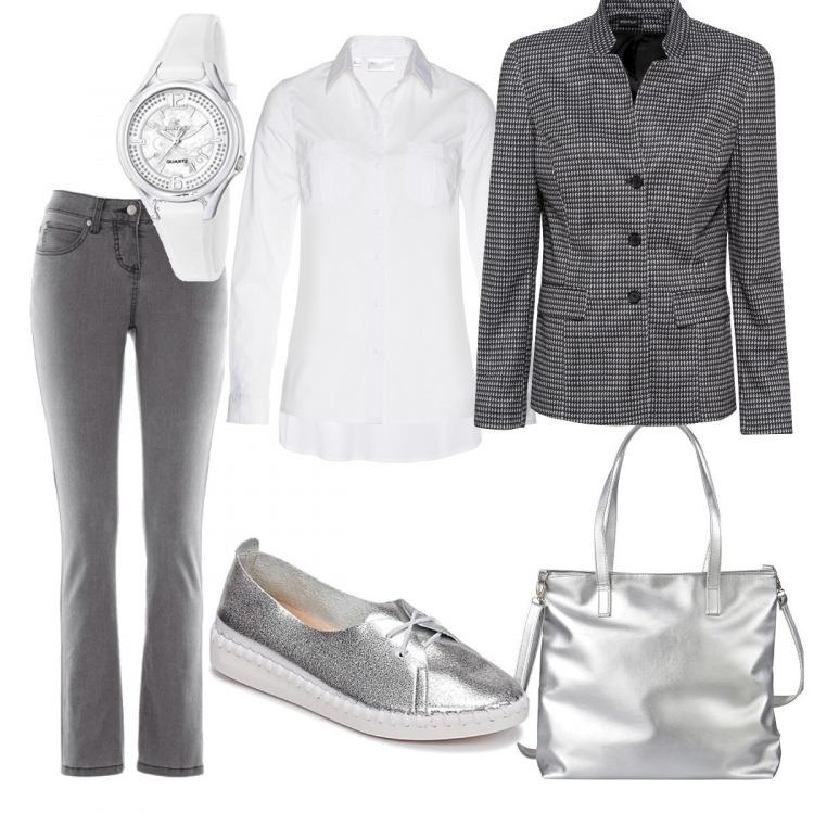Outfit donna - Femminilità al maschile. Stile Basic per Tutti i giorni. Abbinamento con jeans slim fit, blazer, shopping bag, camicie, scarpe stringate, orologi.