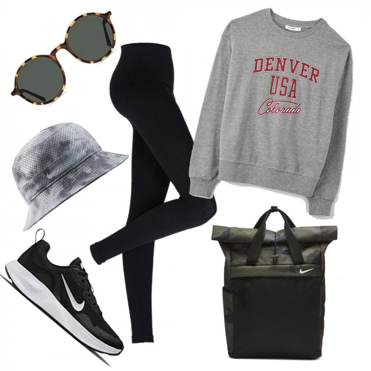 Outfit donna - Trekking con stile. Stile Urban per Sport. Abbinamento con leggings, t-shirt, zaini, sneakers, cappelli, occhiali da sole.
