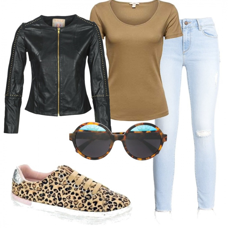 Outfit donna - Scarpe maculate. Stile Etnico per Tutti i giorni. Abbinamento con jeans, blazer, sneakers, occhiali da sole, t-shirt.