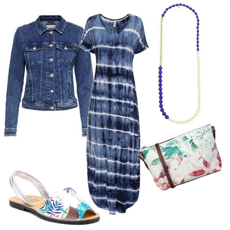 Outfit donna - Tempo di relax. Stile Etnico per Tutti i giorni. look ideale per Tall. Abbinamento con vestiti lunghi, borse a tracolla, sandali, collane, blazer.