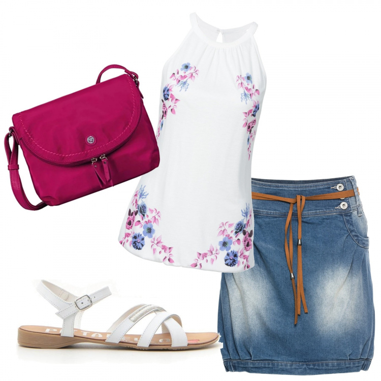 Outfit donna - Basic #14164. Stile Basic per Tutti i giorni. Abbinamento con minigonne, top, sandali, borse a tracolla.