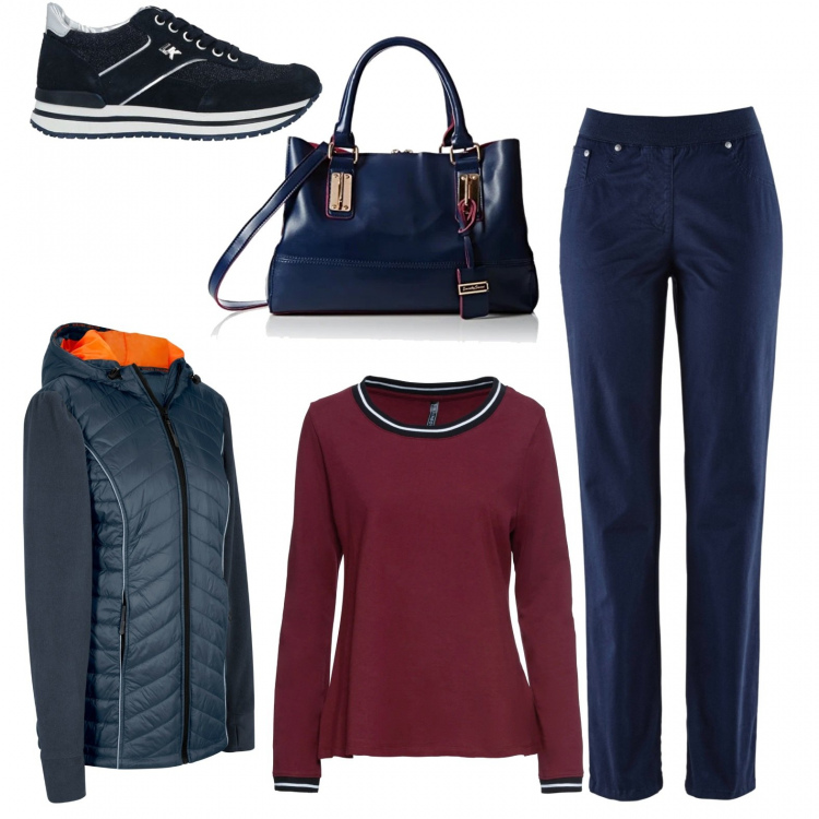 Outfit donna - La mezza stagione. Stile Basic per Tutti i giorni. Abbinamento con pantaloni sportivi, maglieria, blazer, sneakers, borse a tracolla.