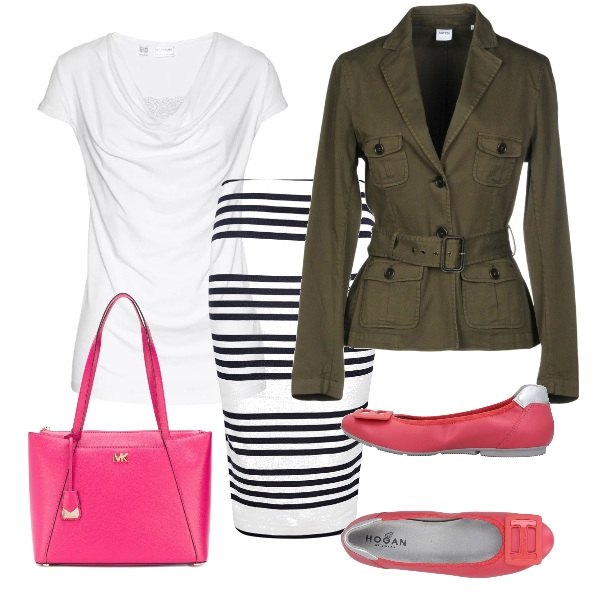 Outfit donna - In ufficio col tocco fucsia. Stile Basic per Ufficio. Abbinamento con ballerine, giacca collo con revers a maniche lunghe in gabardine tinta unita, shopping bag in pelle con logo rosa e viola, gonna bianco.