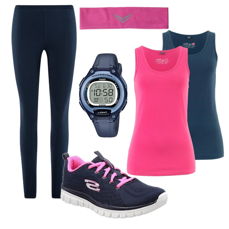 Outfit donna - Basic #14173. Stile Basic per Sport. Abbinamento con canottiere, sneakers, leggings, orologi digitali, cerchietti.