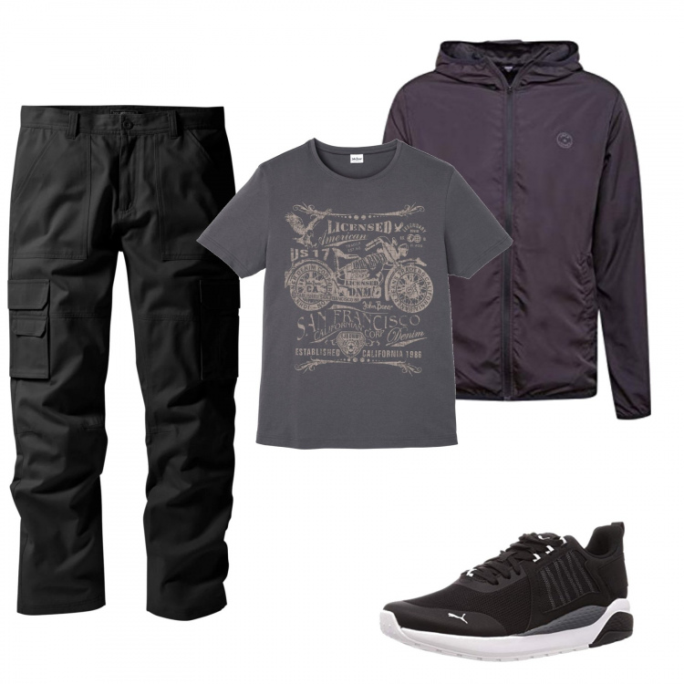 Outfit uomo - XxL low cost. Stile Trendy per Tutti i giorni. Abbinamento con t-shirt, pantaloni cargo, giacche, sneakers.