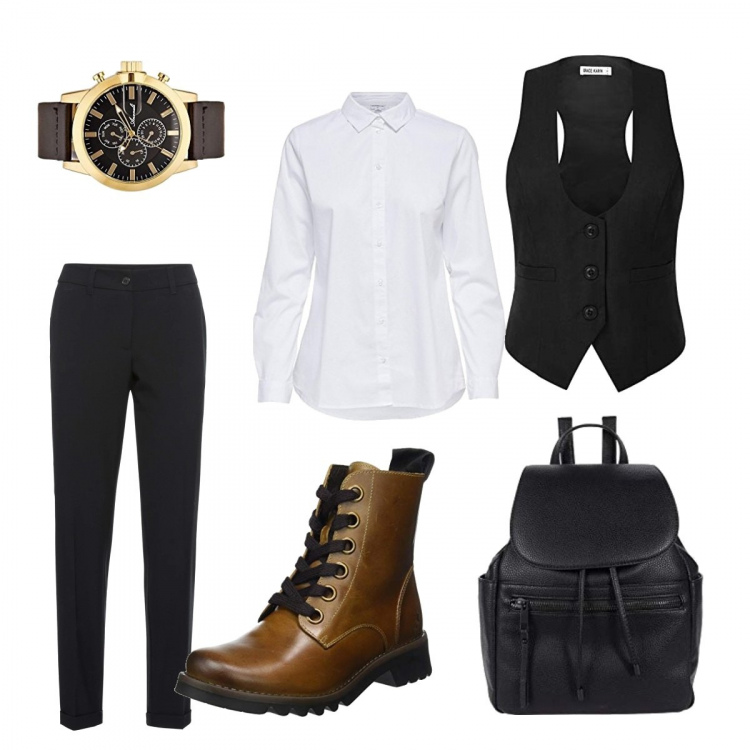 Outfit donna - Retrò. Stile Bon Ton per Ufficio. Abbinamento con pantaloni, camicie, gilet, anfibi, zaini, orologi analogici.