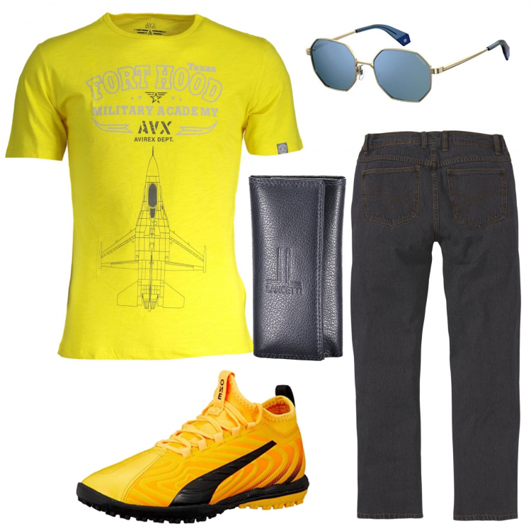 Outfit uomo - Giallo. Stile Urban per Tutti i giorni. Abbinamento con jeans dritti, occhiali da sole, portachiavi, t-shirt, sneakers.