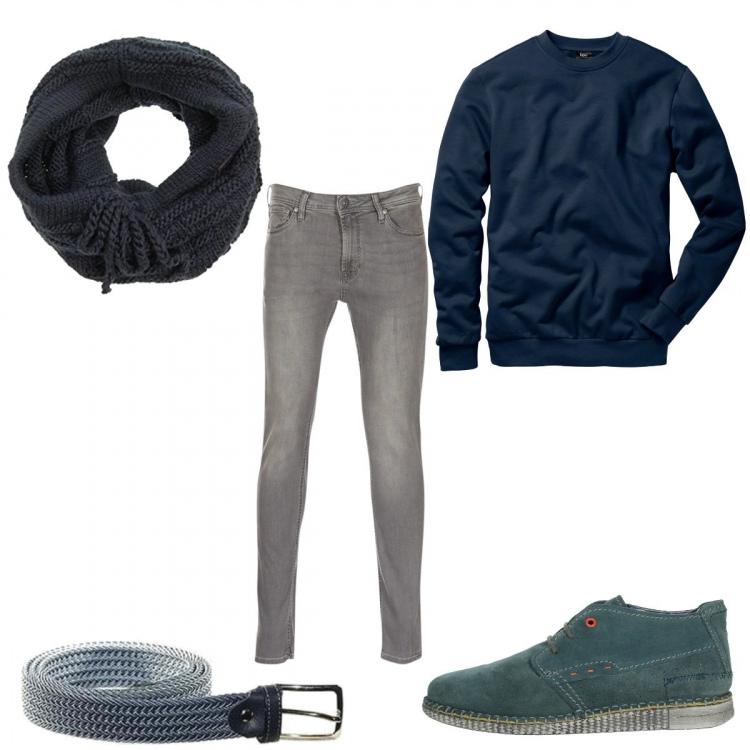 Outfit uomo - Maglione e sciarpa. Stile Business/Elegante per Ufficio. Abbinamento con felpe, scarpe stringate, jeans, cinture, sciarpe.