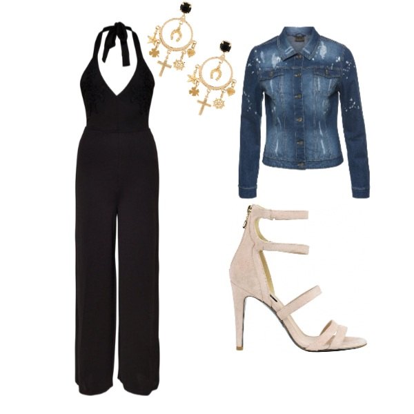 Outfit donna - Casual ma non troppo. Stile Basic per Serata fuori. Abbinamento con orecchini con strass e farfallina in ottone oro, giacca con taschini fantasia floreale stretto in denim blu, jumpsuit loose fit senza maniche elasticizzato nero, sandali con plateau made italy effetto scamosciato con tacco spillo e zip.