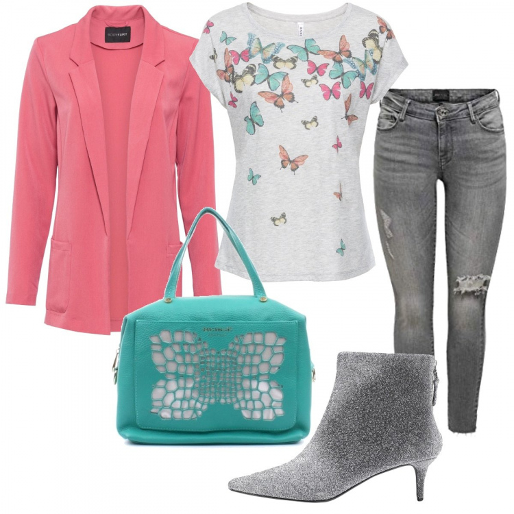 Outfit donna - Trendy a colori. Stile Trendy per Tutti i giorni. Abbinamento con stivaletti, maglieria, blazer, borse a mano, jeans skinny.